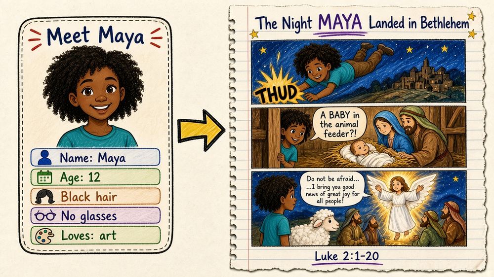 Quiz card for Maya (age 12, black curly hair, no glasses) becomes a full-color comic: The Night Maya Landed in Bethlehem, Luke 2:1-20